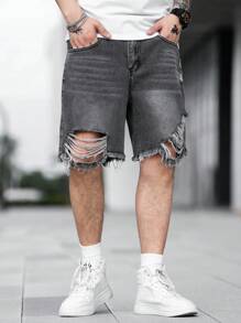 Manfinity EMRG Hombres Shorts en mezclilla algodón desgarro crudo bajo crudo - Gris - Ver 6