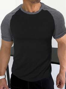 Manfinity Homme 男士撞色插肩袖T恤 - 黑色 - 查看 1