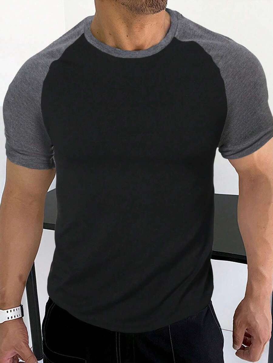 Manfinity Homme 男士撞色插肩袖T恤 - 黑色 - 查看 1