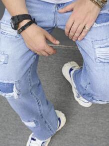 Manfinity 男士破洞抽鬚直筒牛仔褲 - 淺色水洗藍 - 查看 6