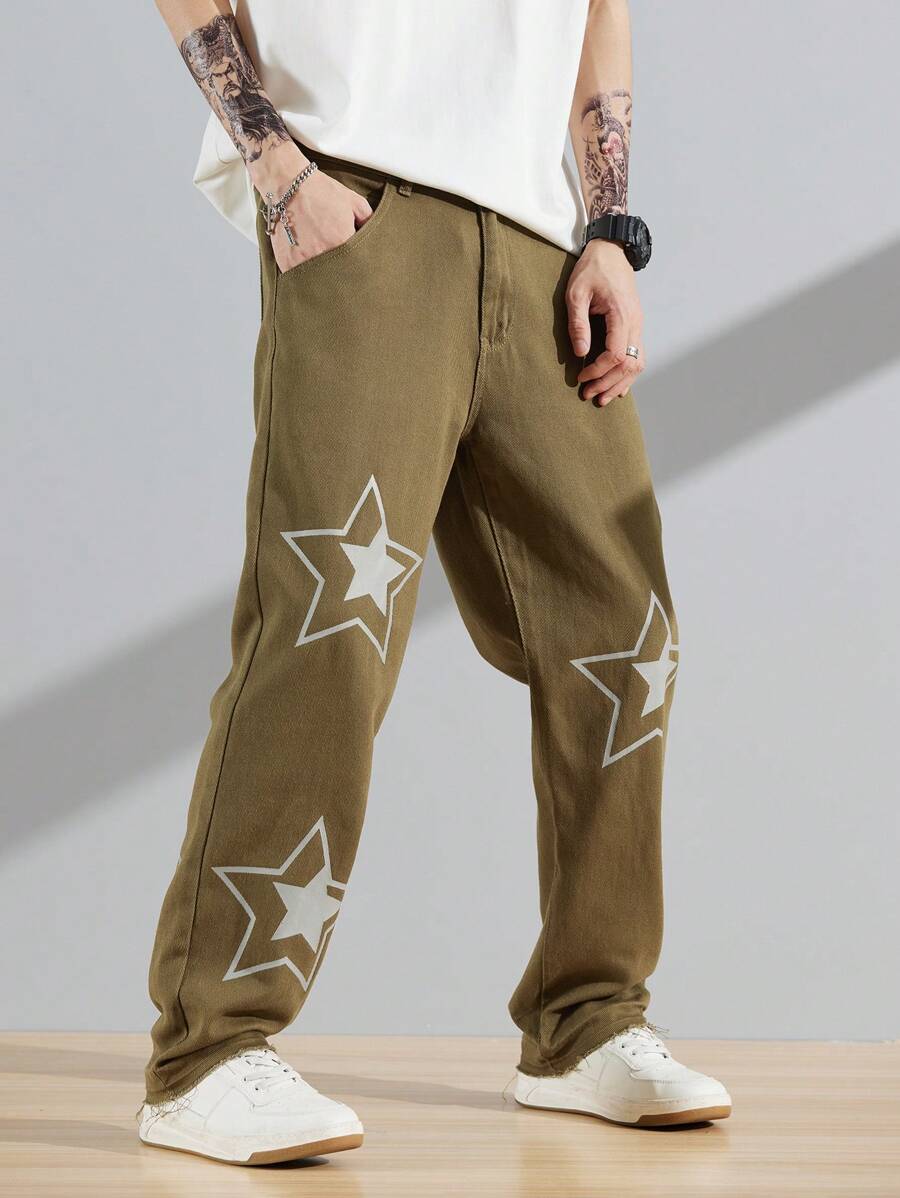 Manfinity Roghcode Men Cotton Star Print Straight Leg Jeans - Army Green - View 1