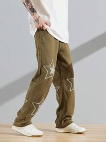 Manfinity Roghcode Men Cotton Star Print Straight Leg Jeans - Army Green - View 3