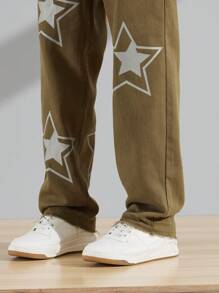 Manfinity Roghcode Men Cotton Star Print Straight Leg Jeans - Army Green - View 5