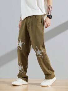Manfinity Roghcode Men Cotton Star Print Straight Leg Jeans - Army Green - View 6