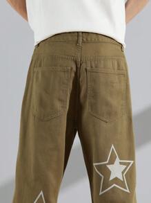 Manfinity Roghcode Men Cotton Star Print Straight Leg Jeans - Army Green - View 8