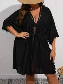 SHEIN VCAY Kimono mùa hè cỡ lớn ren tương phản có dây rút eo - màu đen - Xem 1