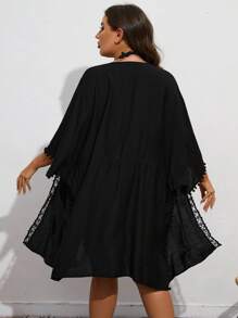 SHEIN VCAY Kimono mùa hè cỡ lớn ren tương phản có dây rút eo - màu đen - Xem 2