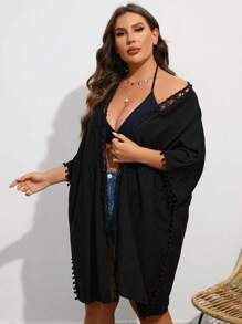 SHEIN VCAY Kimono mùa hè cỡ lớn ren tương phản có dây rút eo - màu đen - Xem 5