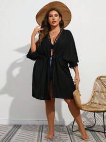 SHEIN VCAY Kimono mùa hè cỡ lớn ren tương phản có dây rút eo - màu đen - Xem 6