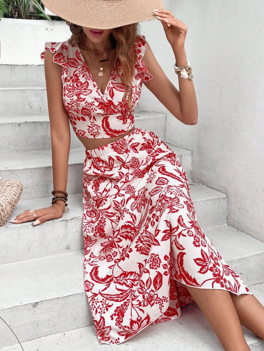 SHEIN VCAY con estampado floral ribete con fruncido con cordón trasero Top crop & Falda - Rojo y blanco - Ver 1