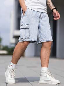 Manfinity EMRG Men's Loose Fit Denim Shorts With Flap Pockets, Side Drawstring Waist - Light Wash - View 5