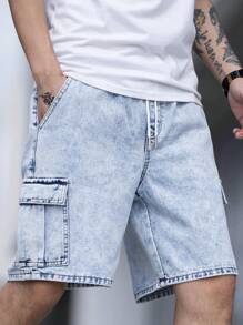 Manfinity EMRG Men's Loose Fit Denim Shorts With Flap Pockets, Side Drawstring Waist - Light Wash - View 1