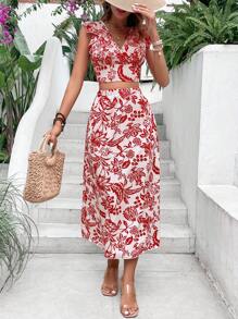 SHEIN VCAY con estampado floral ribete con fruncido con cordón trasero Top crop & Falda - Rojo y blanco - Ver 3