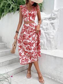 SHEIN VCAY con estampado floral ribete con fruncido con cordón trasero Top crop & Falda - Rojo y blanco - Ver 4