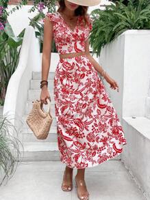 SHEIN VCAY con estampado floral ribete con fruncido con cordón trasero Top crop & Falda - Rojo y blanco - Ver 5