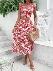 SHEIN VCAY con estampado floral ribete con fruncido con cordón trasero Top crop & Falda - Rojo y blanco - Ver 6