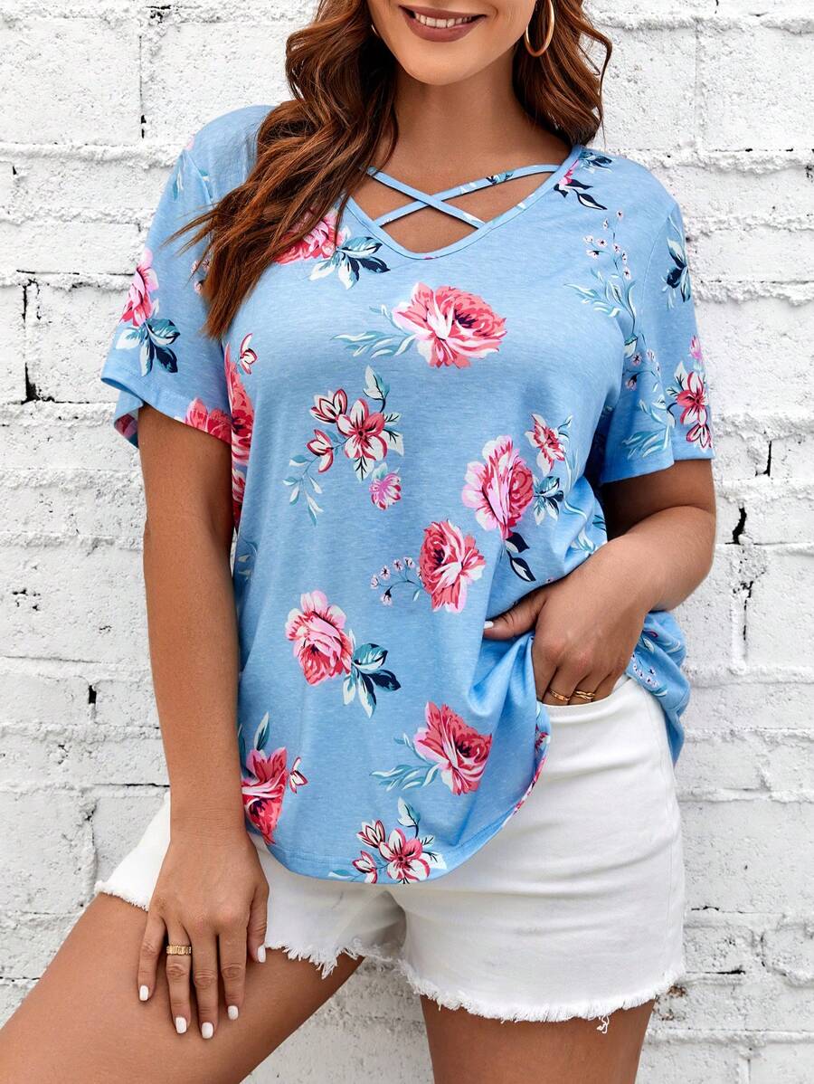 SHEIN LUNE Áo thun Plus size Hội Chữ thập Tất cả trên in Hoa Giải trí - Màu xanh lam - Xem 1