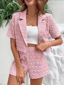 SHEIN LUNE Allover Print Lapel Neck Blazer & Shorts - Pink - View 1