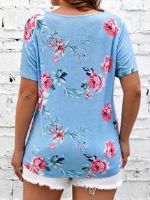 SHEIN LUNE Áo thun Plus size Hội Chữ thập Tất cả trên in Hoa Giải trí - Màu xanh lam - Xem 2