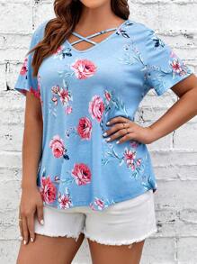 SHEIN LUNE Áo thun Plus size Hội Chữ thập Tất cả trên in Hoa Giải trí - Màu xanh lam - Xem 3