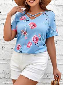 SHEIN LUNE Áo thun Plus size Hội Chữ thập Tất cả trên in Hoa Giải trí - Màu xanh lam - Xem 4