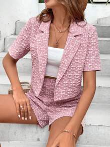 SHEIN LUNE Allover Print Lapel Neck Blazer & Shorts - Pink - View 4
