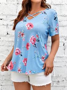 SHEIN LUNE Áo thun Plus size Hội Chữ thập Tất cả trên in Hoa Giải trí - Màu xanh lam - Xem 5