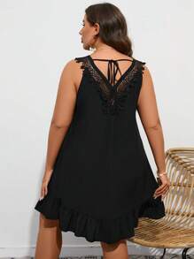 SHEIN VCAY Plus Contrast Guipure Lace Ruffle Hem Cover Up Dress - Black - View 2