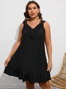 SHEIN VCAY Plus Contrast Guipure Lace Ruffle Hem Cover Up Dress - Black - View 3