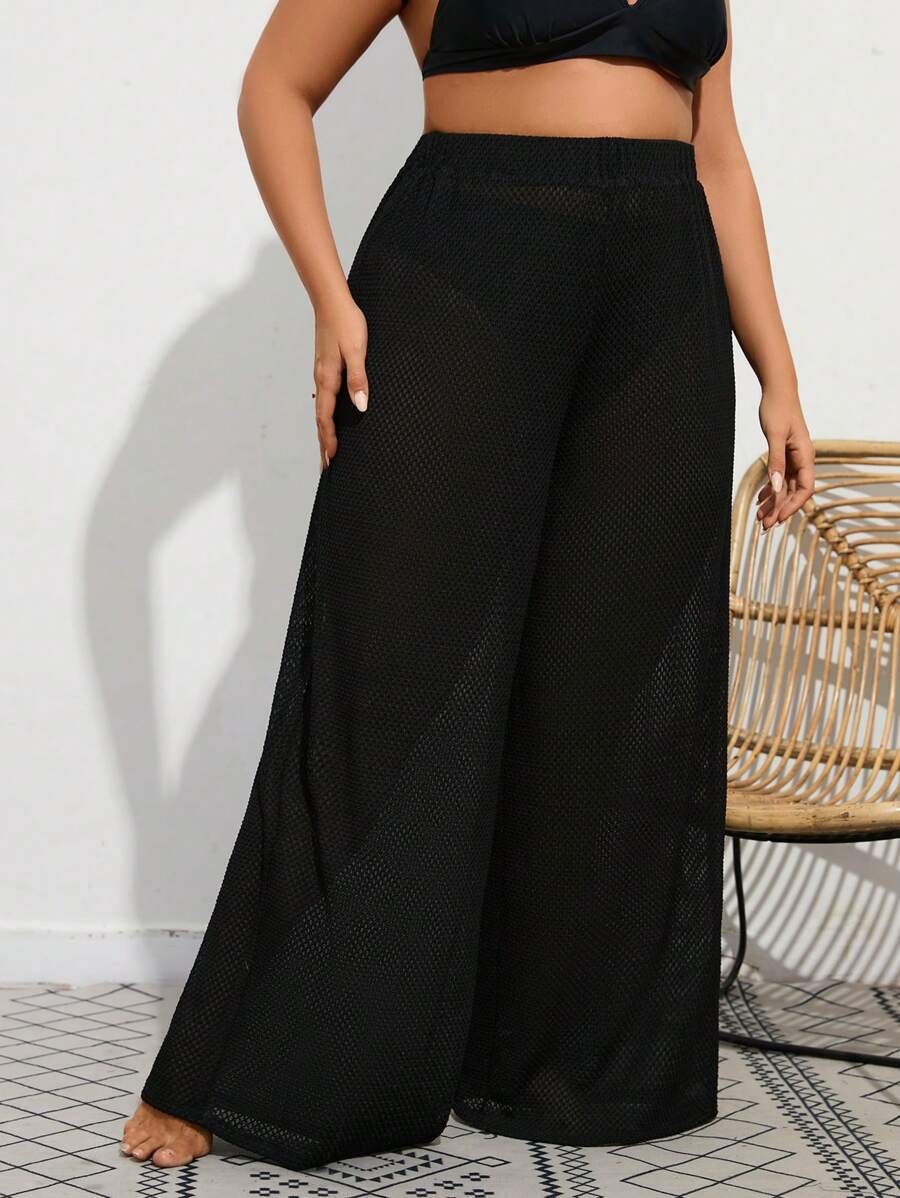SHEIN VCAY Plus Solid Wide Leg Cover Up Trousers Without Panty - Black - View 1