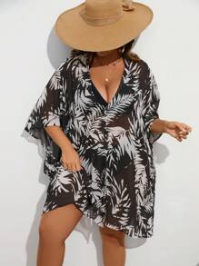 SHEIN VCAY Plus Tropical Print Batwing Sleeve Kimono Without Bikini - Black and White - View 5