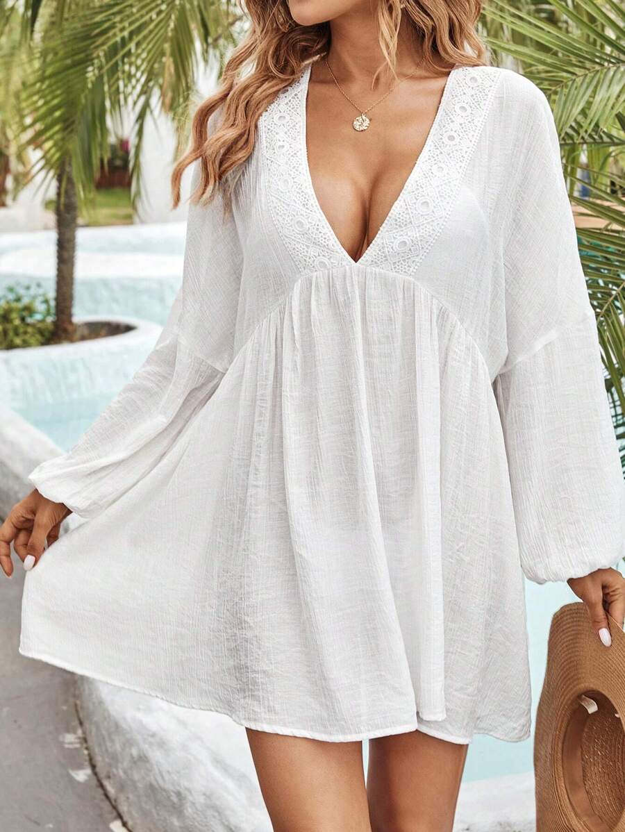 SHEIN VCAY 素色蕾絲拼接罩衫 - 白色 - 查看 1