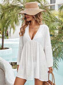 SHEIN VCAY 素色蕾絲拼接罩衫 - 白色 - 查看 6