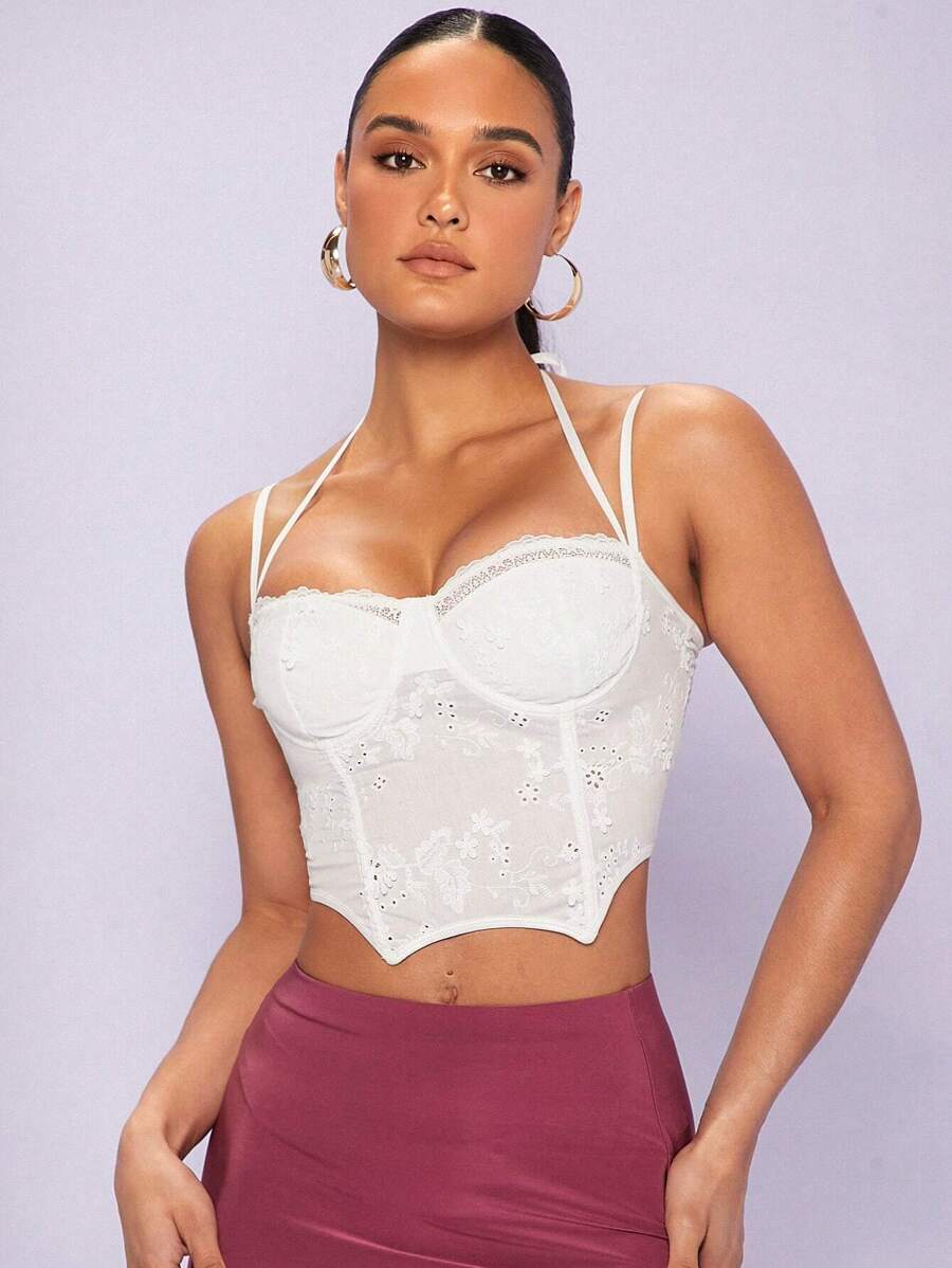 SHEIN BAE 不對稱下擺蕾絲吊帶上衣 - 白色 - 查看 1