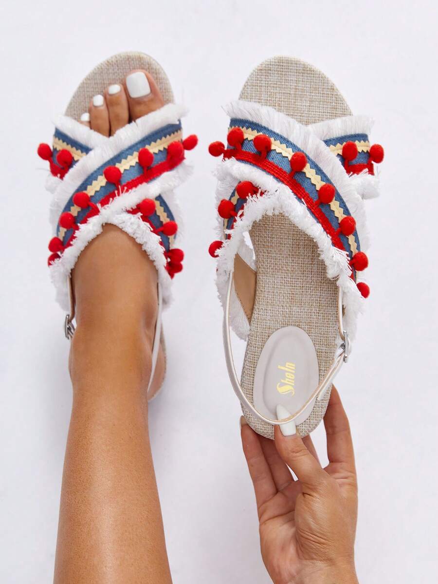 SheIn VCAY Xăng-đan đế bằng trang trí kiểu pom pom cho nữ, Xăng-đan quai hậu thời trang mùa hè - Màu be - Xem 1