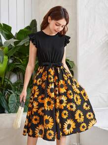 SHEIN Teen Girls Floral Print Ruffle Trim Belted Dress - Multicolor - View 1