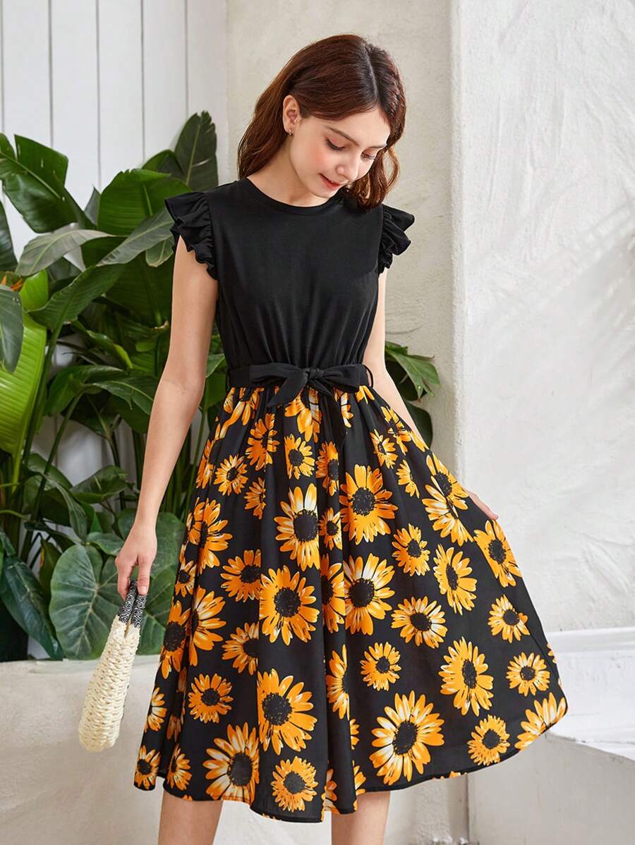 SHEIN Teen Girls Floral Print Ruffle Trim Belted Dress - Multicolor - View 1