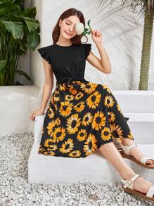 SHEIN Teen Girls Floral Print Ruffle Trim Belted Dress - Multicolor - View 4