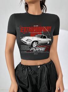 SHEIN Coolane 汽車和標語圖案短款T恤 - 黑色 - 查看 1