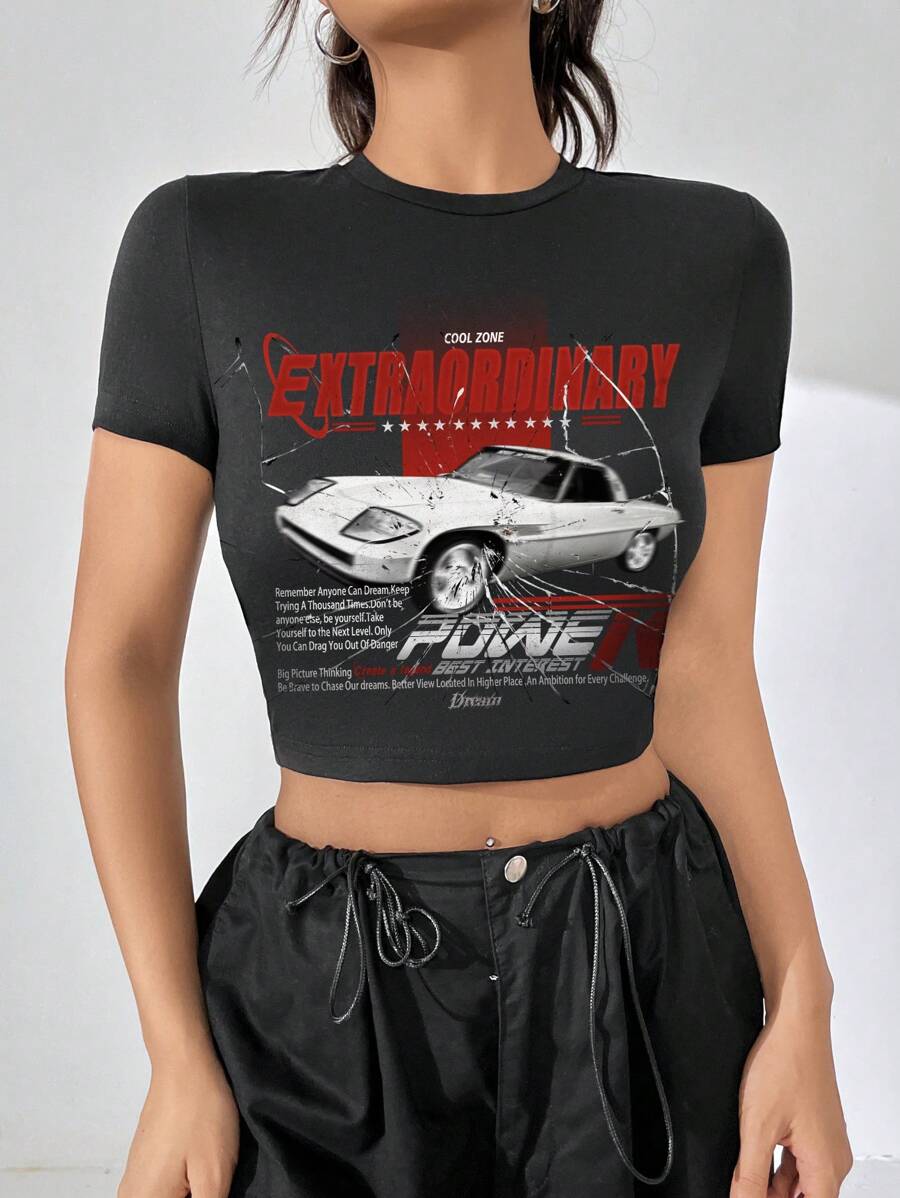 SHEIN Coolane 汽車和標語圖案短款T恤 - 黑色 - 查看 1