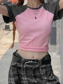 Contrast Raglan Sleeve Crop Tee - Baby Pink - View 5