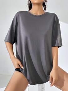 SHEIN EZwear Áo thun oversize hở vai họa tiết khẩu hiệu, dành cho cả nam và nữ - Màu xám đen - Xem 4