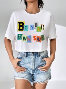 SHEIN EZwear Slogan Graphic Drop Shoulder Tee - White - View 7