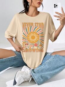 SHEIN EZwear 太陽和標語圖案落肩袖超大號T恤 - 杏色 - 查看 1