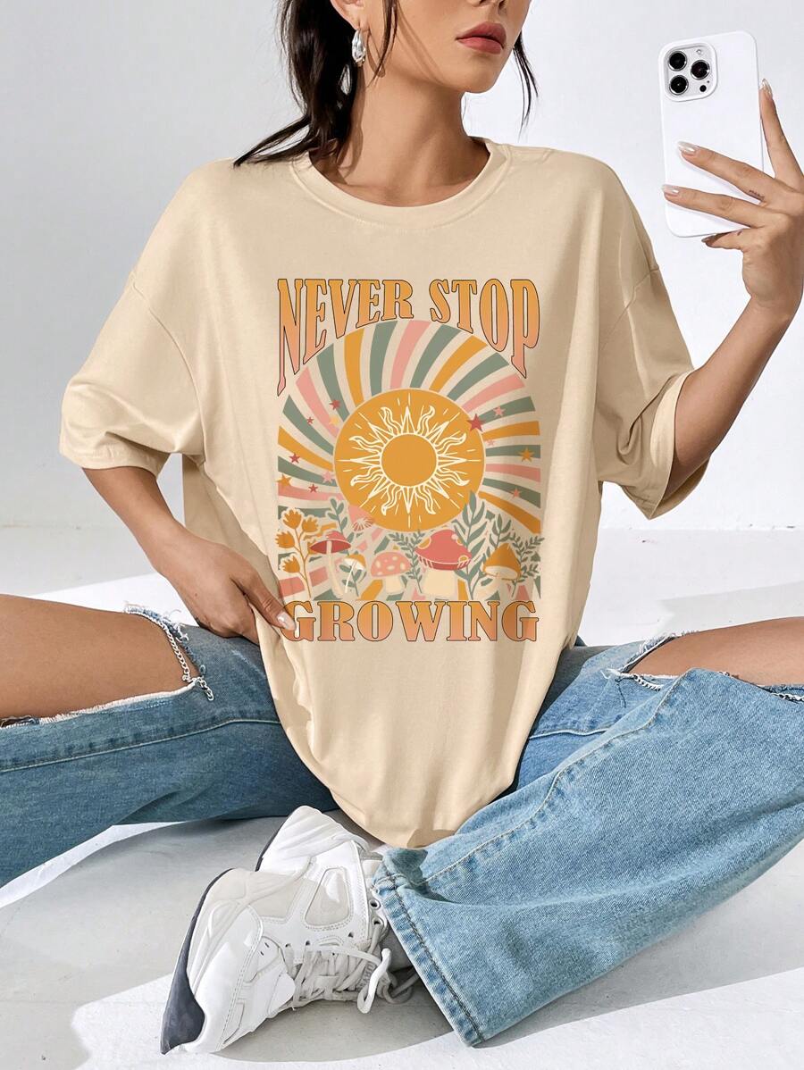 SHEIN EZwear 太陽和標語圖案落肩袖超大號T恤 - 杏色 - 查看 1