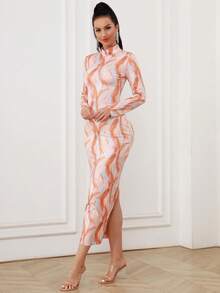 Vestido ajustado con estampado de mármol de cuello alto con abertura trasera - Rosa Pálido - Ver 6