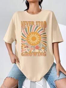 SHEIN EZwear 太陽和標語圖案落肩袖超大號T恤 - 杏色 - 查看 3