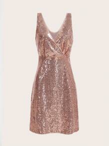 GENKIRA Surplice Neck Sequin Dress Sparkly Dress - Baby Pink - View 1
