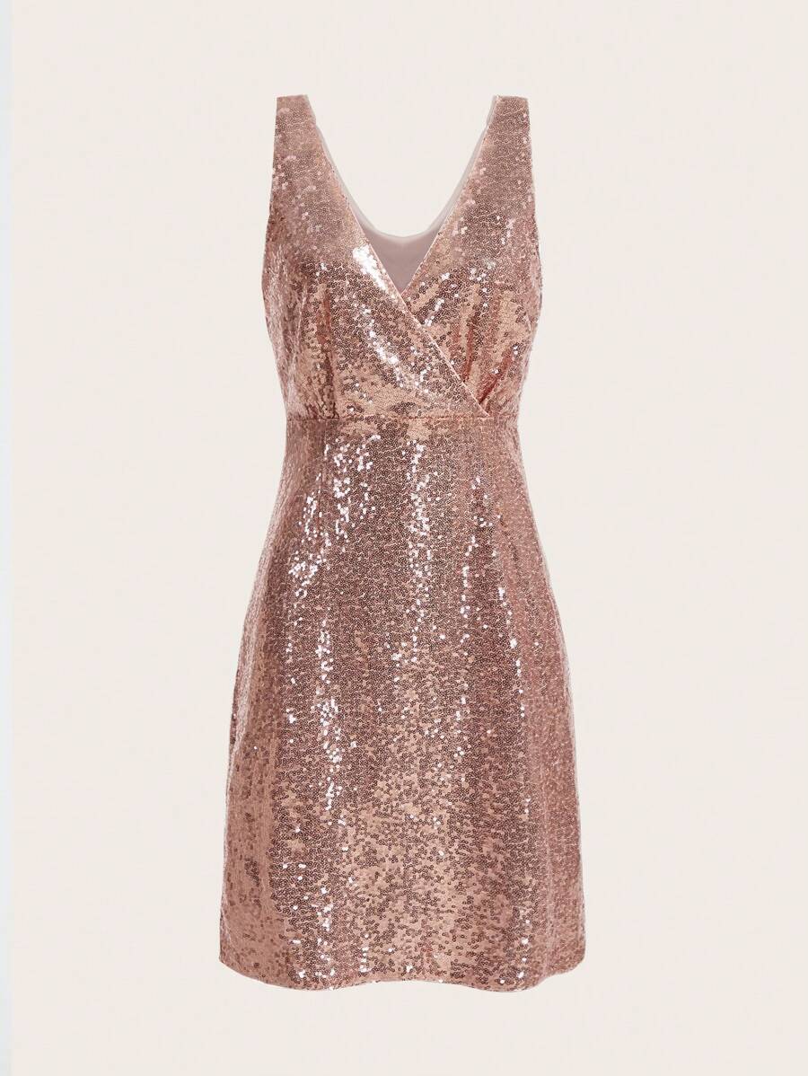 GENKIRA Surplice Neck Sequin Dress Sparkly Dress - Baby Pink - View 1