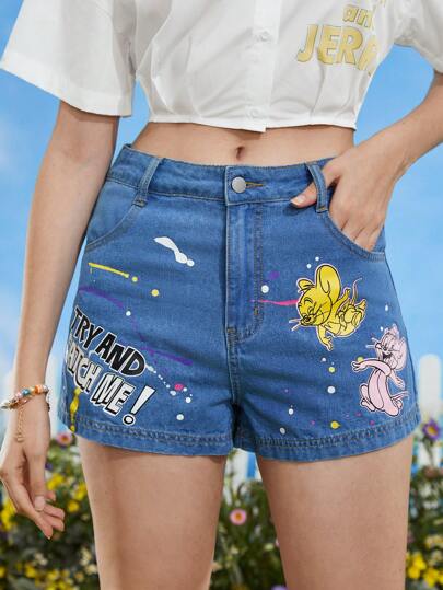TOM & JERRY X SHEIN Cartoon & Letter Graphic Button Front Denim Shorts